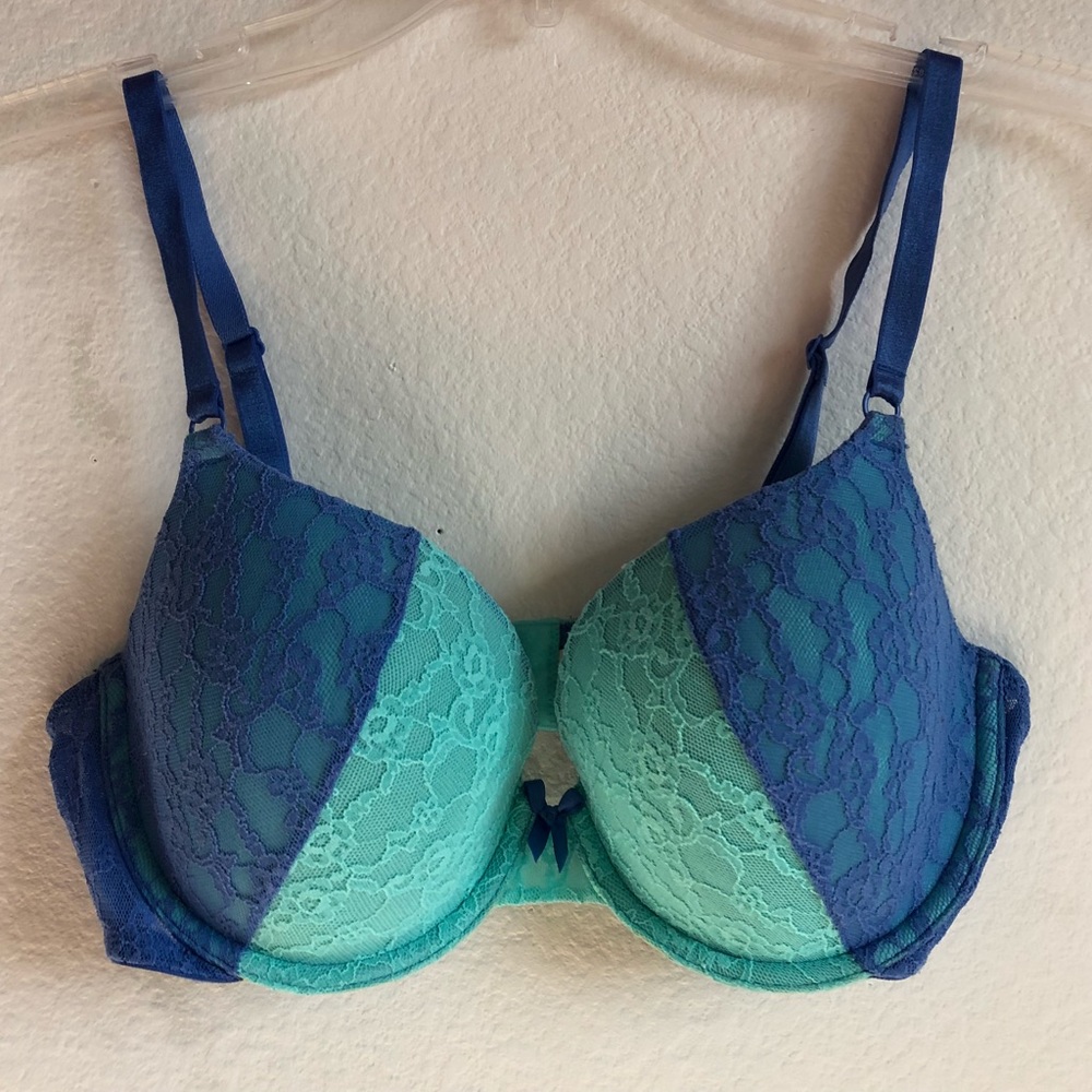 Blue and Teal Lace 34D VS Lined Demi Bra